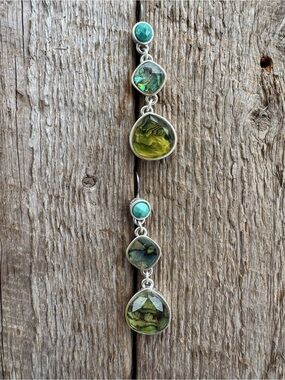 Silver Green and Teal Glass Drop Earrings.